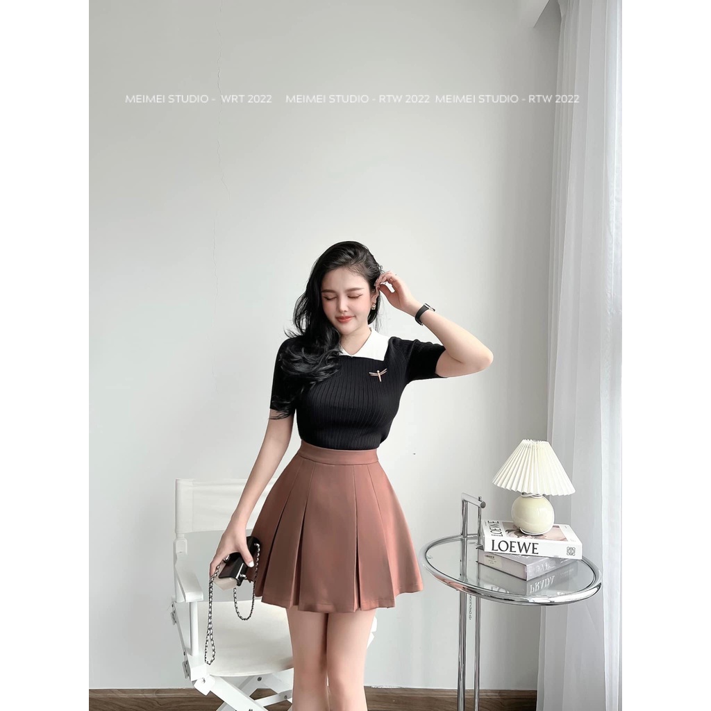 Áo len thêu Jenny cộc tay cổ bẻ ôm body - Vài co giãn thoải mái - Phong cách Hàn Quốc | TQA06 | MeiMei Studio