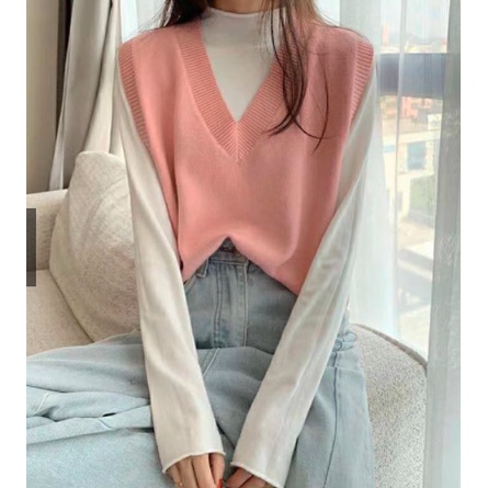 Áo gile len ulzzang nữ trơn dáng rộng cổ tim chất đẹp, không tay màu sắc vintage phong cách Hàn Quốc 428