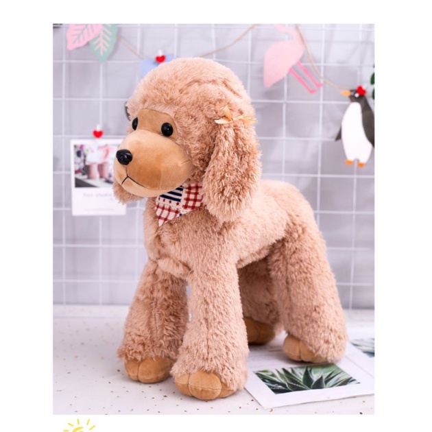 Gấu Bông Hình Chó Poodle Lông Xù Nâu Kem Trắng Chân Đứng Có Hạt_Unishop