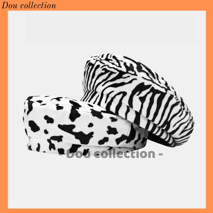[Nowship2h] Mũ Nón Baret Nồi Họa Sĩ Cao Cấp Họa Tiết Bò Sữa &amp; Ngựa Vằn Hottrend Phong Cách Hàn Quốc - Mã NV019