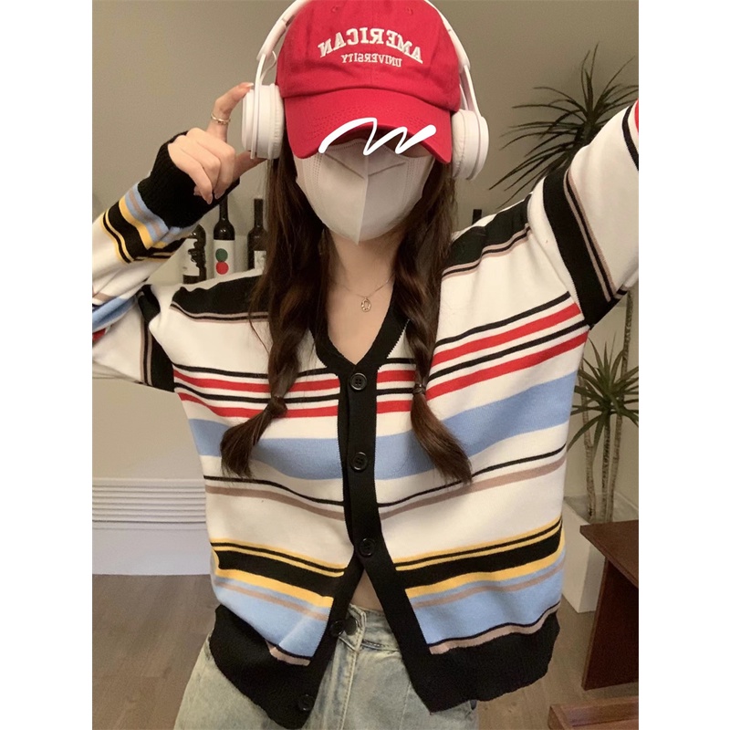 Áo khoác cardigan ZHELIHANGFEI dệt kim tay dài cổ chữ V lưng cao họa tiết kẻ sọc cầu vồng thời trang