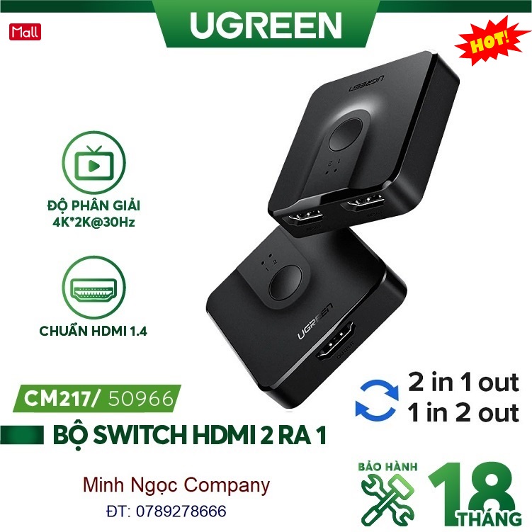 Bộ chia Hdmi 1 ra 2 hoặc gộp 2 vào 1 (2 chiều) chuẩn HDMI 1.4, sản phẩm của Ugreen 50966 CM217 - Hàng chính hãng