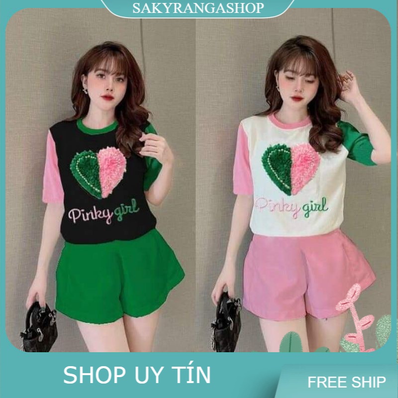 SÉT BỘ THỂ THAO FOM RỘNG THÊU LOGO TIM HỒNG XANH NHẬP QUẢNG CHÂU SIÊU XINH
