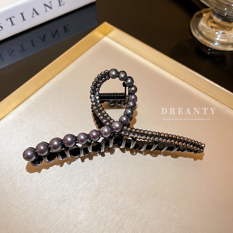 Kẹp Tóc Cá Mập Đính Đá Ngọc Trai Màu Đen Phong Cách Cổ Điển