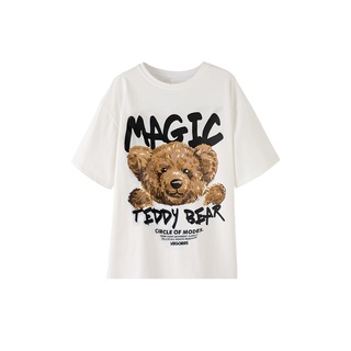 Áo thun 100% cotton tay ngắn dáng rộng in họa tiết gấu đáng yêu thời trang cho nữ