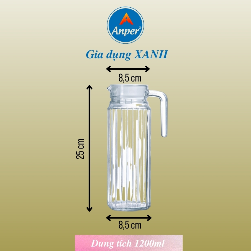 Bình Nước Thủy Tinh Anper Lục Lăng 1.2L Cao Cấp Sang Trong Có Mỏ Rót Và Nắp Nhựa  An Toàn