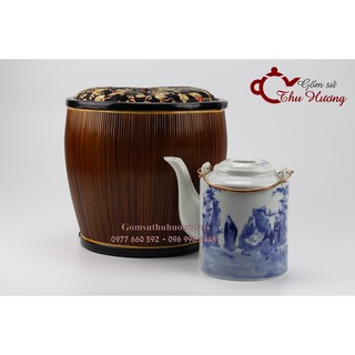 Bao ủ_giỏ ủ ấm Bát Tràng kèm ấm tích 1.5 lít (dòng men lam cổ cao cấp)