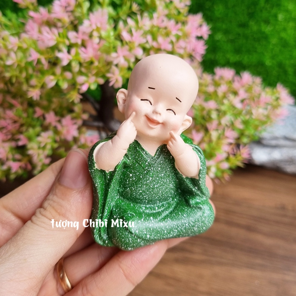 Bộ 03 chú tiểu Tam Không nhí áo xanh lá 7cm kèm chân đế và chậu hoa sen y hình