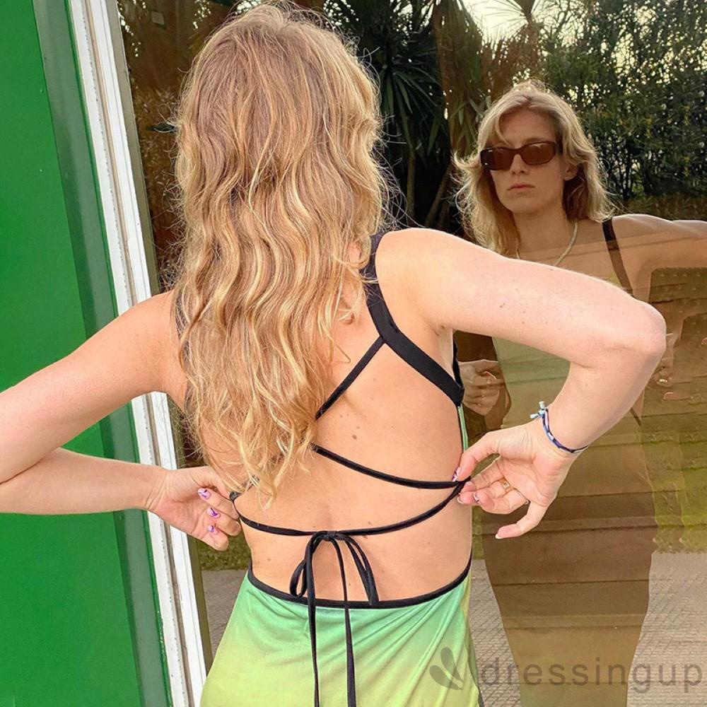 DRE-Women Midi Dress,Suspender Sleeveless Cross Tie-up Bandage Open Back Gradient Contrast Color Dresses