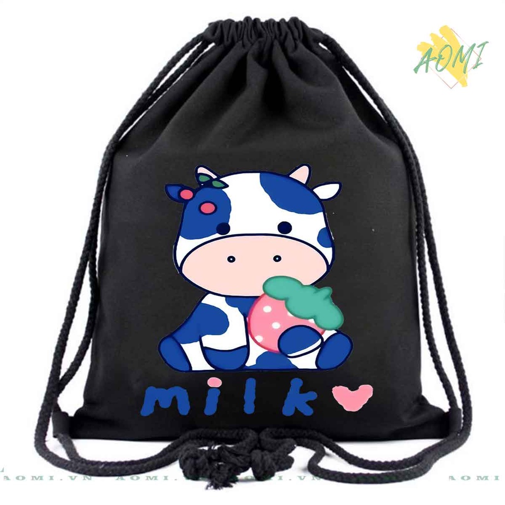 BALO MINI BO SỮA MILK COW AOMIVN DÂY RÚT ĐEO VAI 33x38cm NHỎ XINH UNISEX CHẤT CANVAS CUTE TIỆN ÍCH DU LỊCH ĐEN TRẮNG