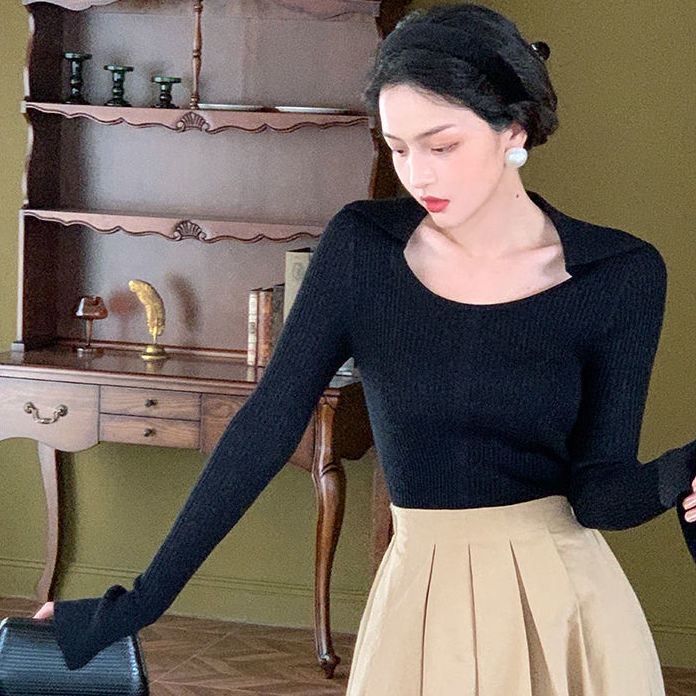 COZOK Áo len tay dài ống loe cổ điển