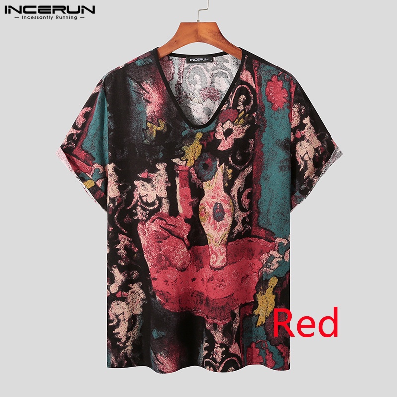 Áo thun INCERUN cotton ngắn tay họa tiết hoa phong cách retro cho nam