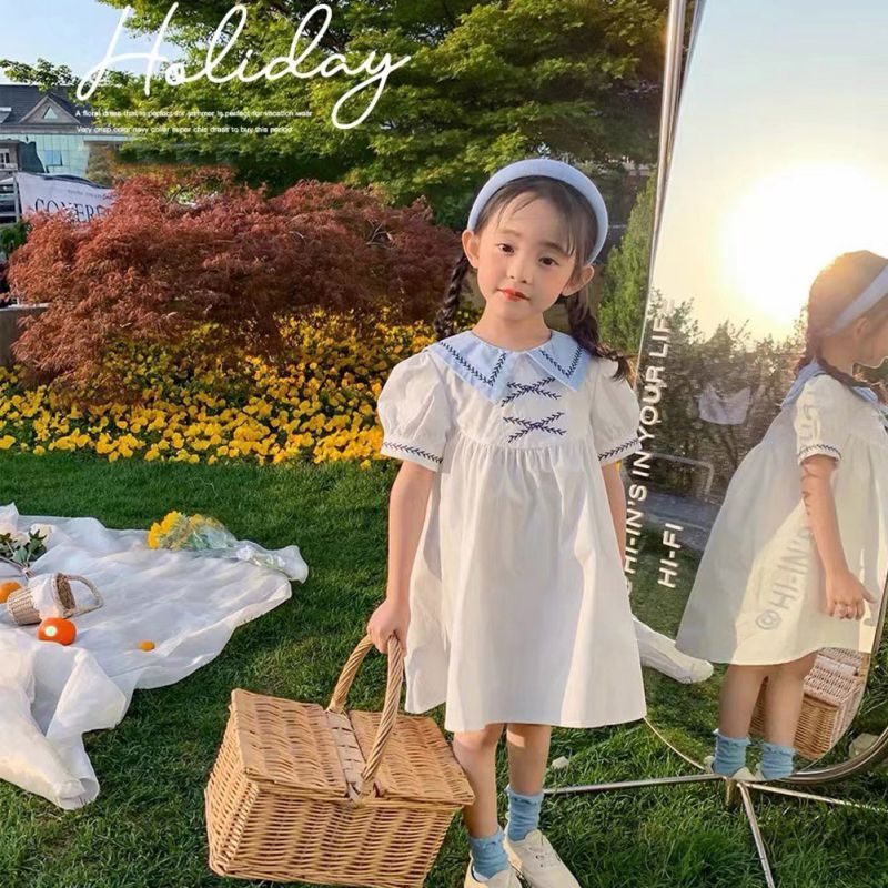 Đầm Trắng Cổ Bẻ Màu Sắc Tương Phản Phong Cách Hàn Quốc Cho Bé Gái