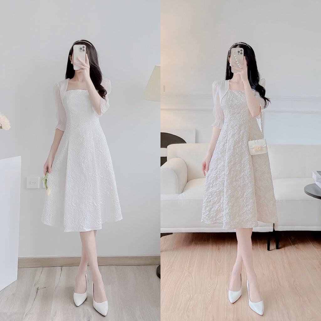 Váy gấm dập nổi cổ vuông thiết kế Charme 203021
