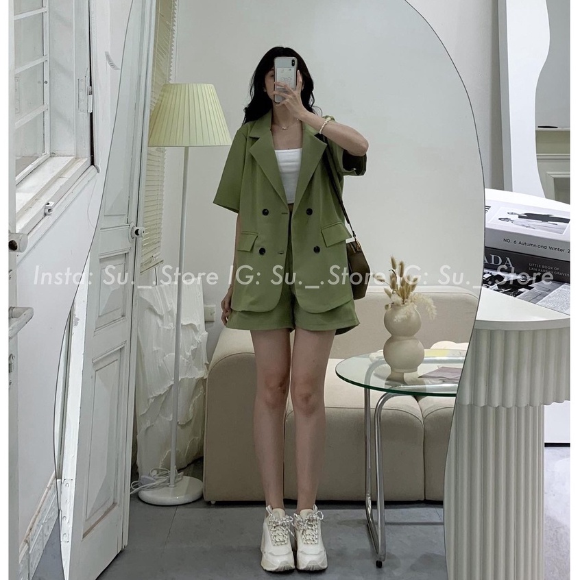 Set Áo Blazer Cộc Tay Kèm Quần Short Chất Voan