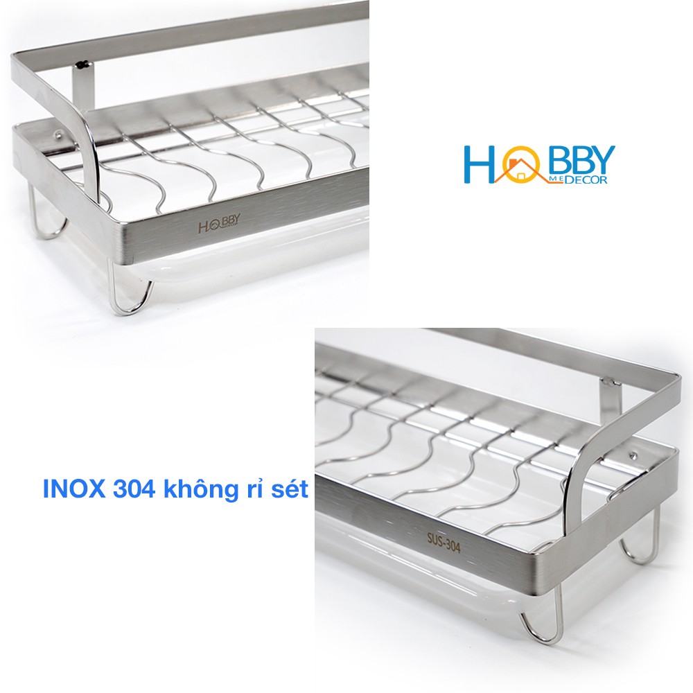 Kệ đựng chén đĩa HOBBY KCD Inox 304 dán tường gạch men - kèm keo dán và khay hứng nước - 2 kích thước