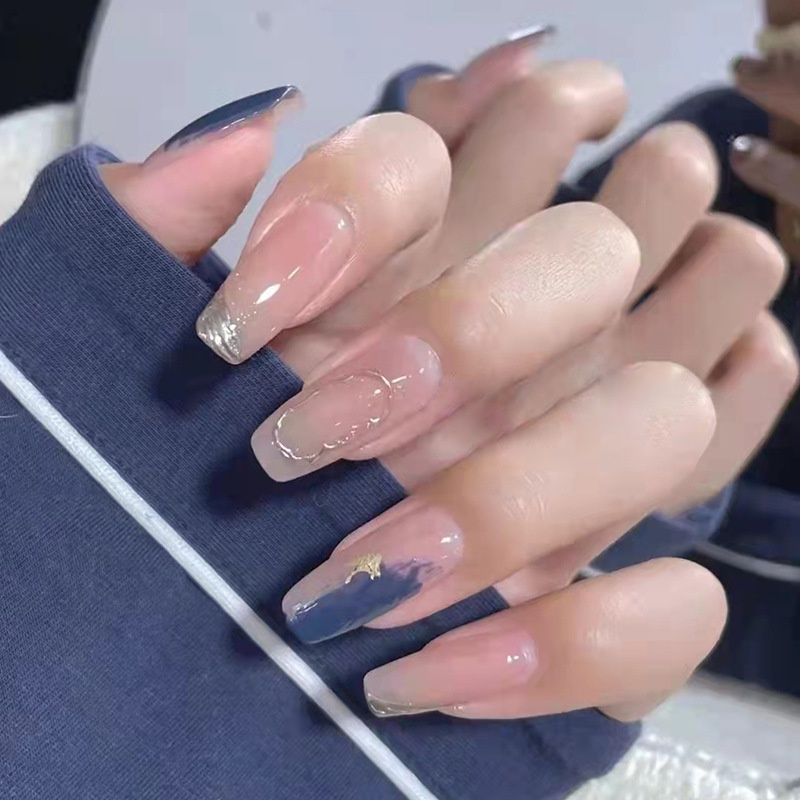 Set 24 Móng Tay Giả Thời Trang Màu Xanh Dương R356 Có Keo Dán