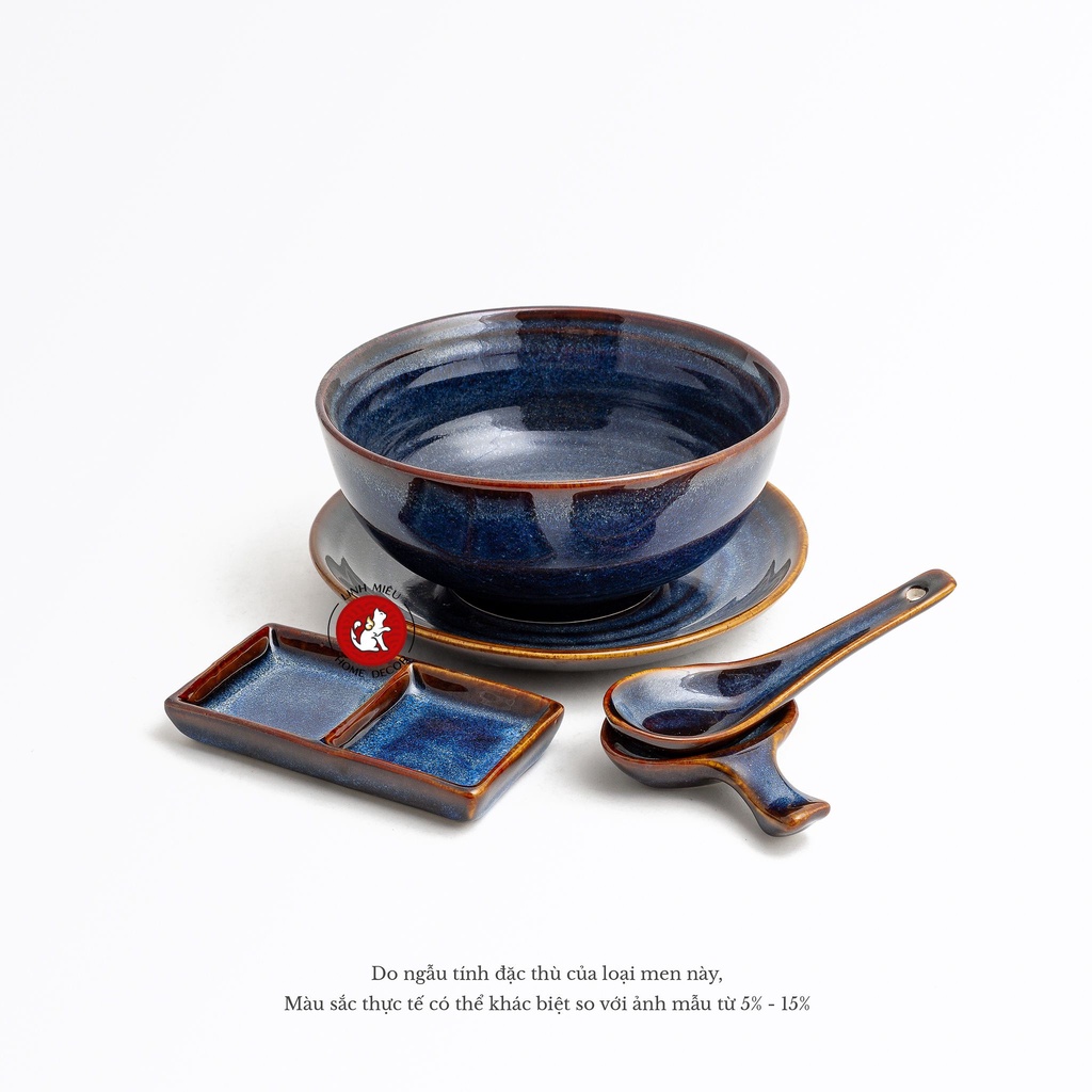 Muỗng thìa sứ ăn cơm, canh, súp men hỏa biến Bát Tràng - màu lam biếc và gấm cao cấp phong cách Bắc Âu