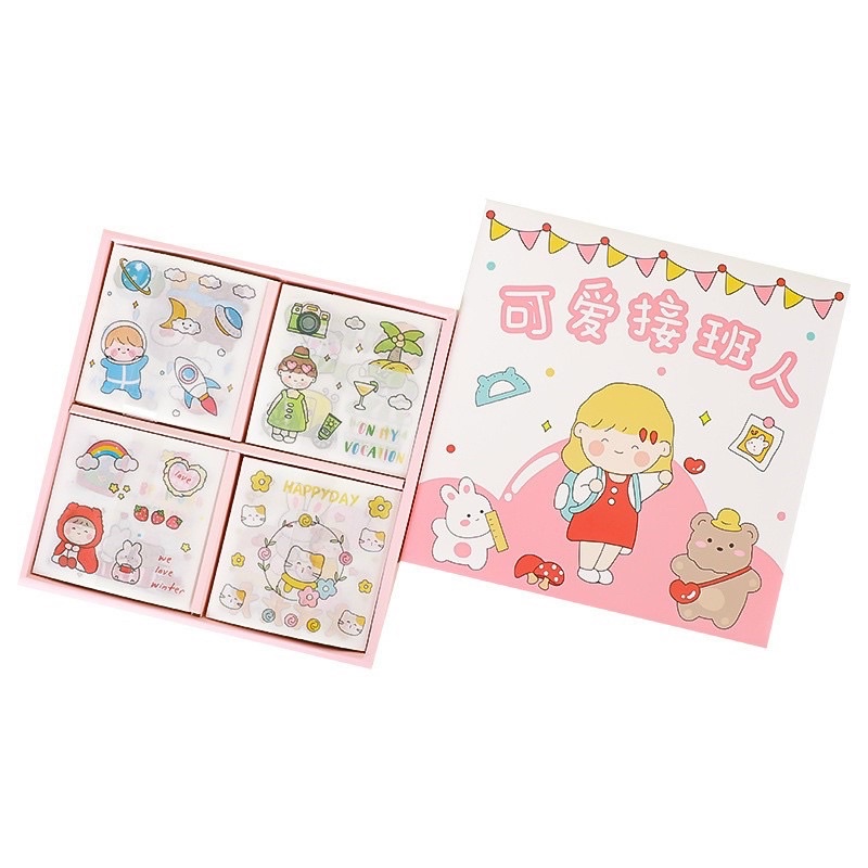 Hộp 100 tấm stickers hoạ tiết bé gái - Set 100 miếng dán hình cô gái dễ thương