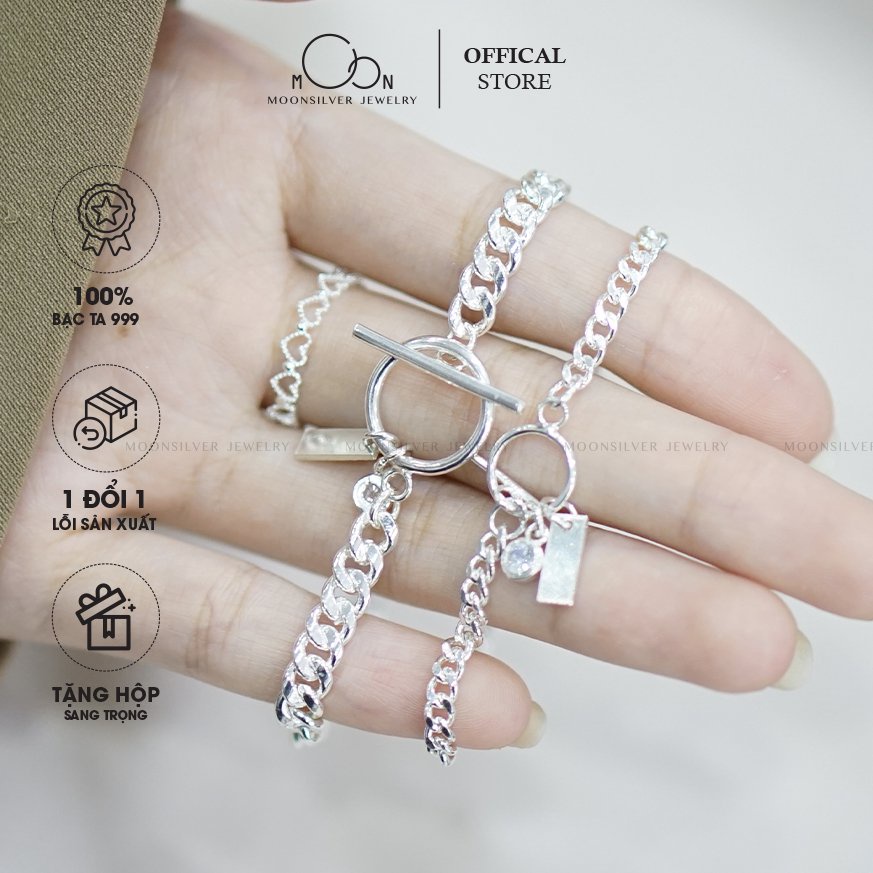 Vòng tay đôi Bạc  Lắc đôi Bạc 999_ móc khóa tròn thanh ngang Moonsilver