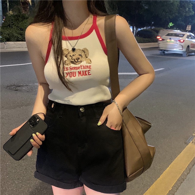 Áo dệt kim ZHELIHANGFEI hai dây siêu ngắn thêu hình gấu quyến rũ cho nữ