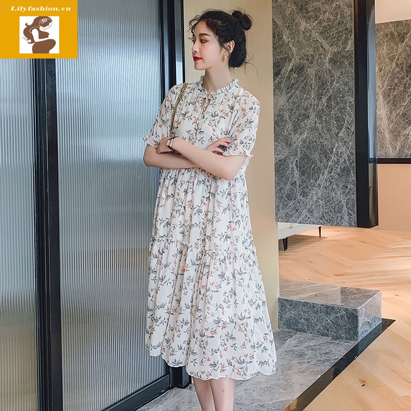 Váy đầm bầu hoa lá thiết kế cho mẹ bầu công sở, dự tiệc lịch sự trẻ trung mới mùa hè thoáng mát