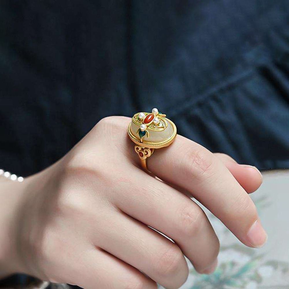 Nhẫn thời trang đính ngọc trai nhân tạo phong cách Trung Hoa