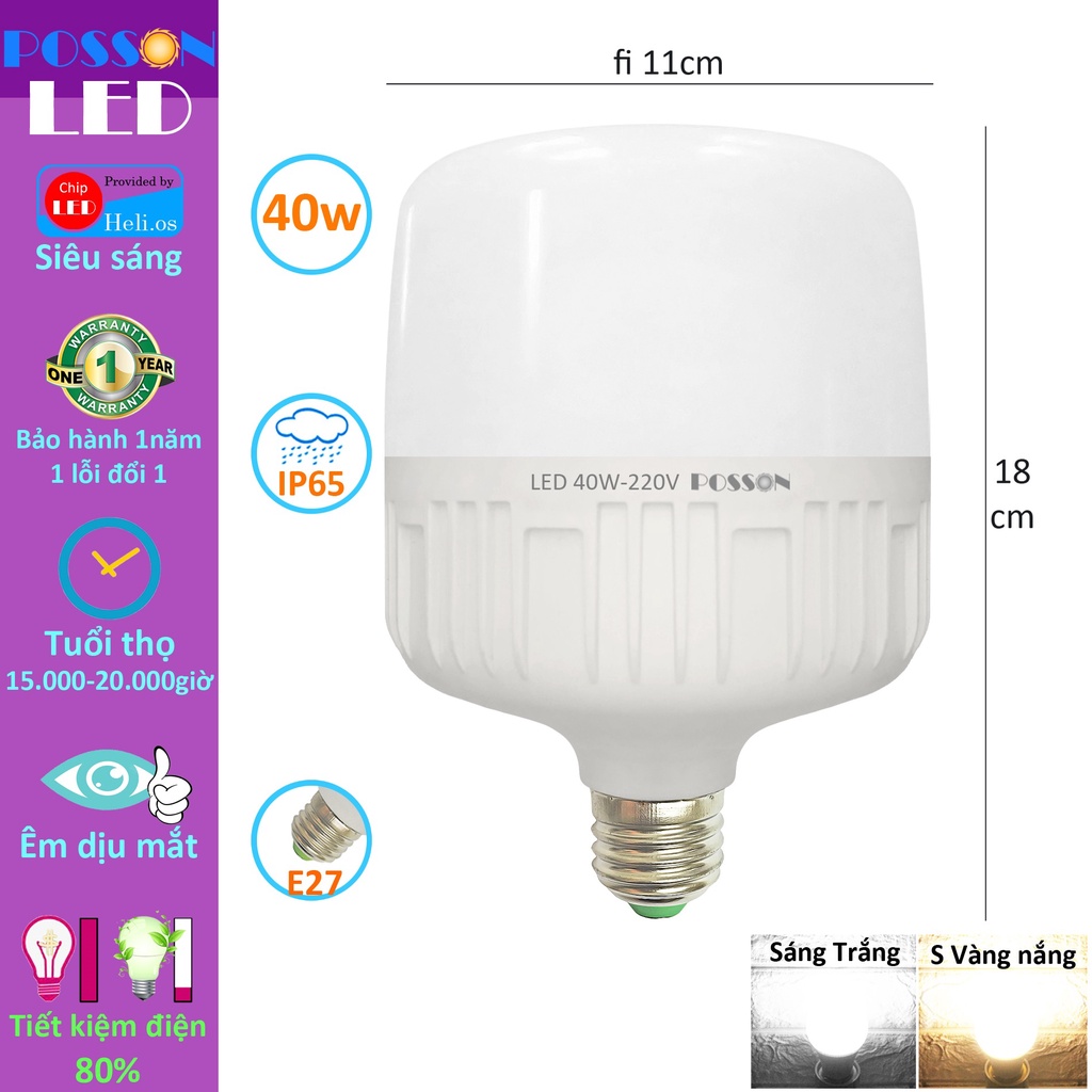 10 Bóng đèn Led trụ 40w bup trụ T110 siêu sáng tiết kiệm điện thân kín chống nước Posson LC-40x