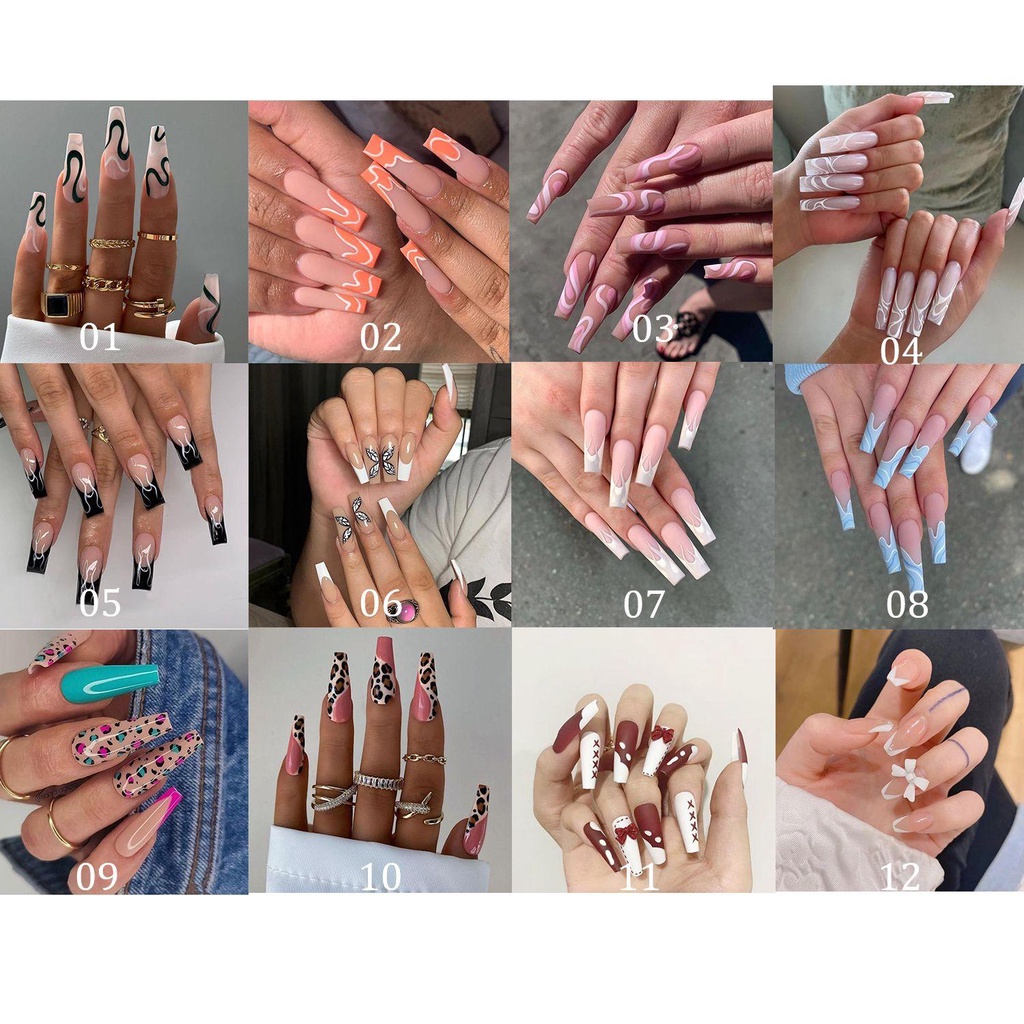 ♪PATH♪ 24pcs/Box French Ballerina Coffin False Nails Artificial Fake Nails Wearable Detachable Manicure Tool Full Cover Press On Nails Nail Tips