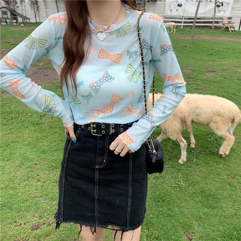 Spot sale sunscreen clothing women's summer 2021 new net yarn bottoming shirt with a thin blouse long-sleeved t-shirt ice silk top