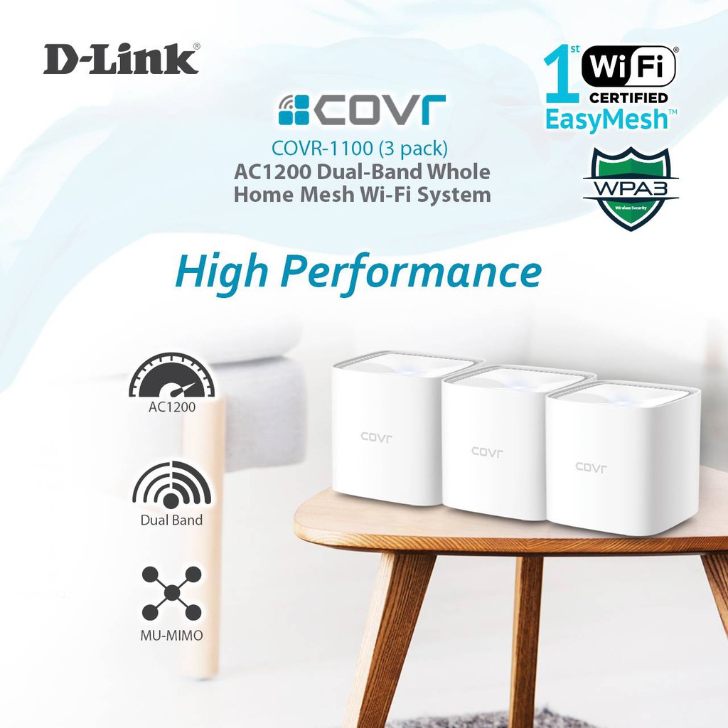 D-LINK COVR-1100-3 (3-Unit) Gigabit - Bộ phát Wi-fi Mesh băng tần kép chuẩn AC1200 Whole Home Mesh Gigabit