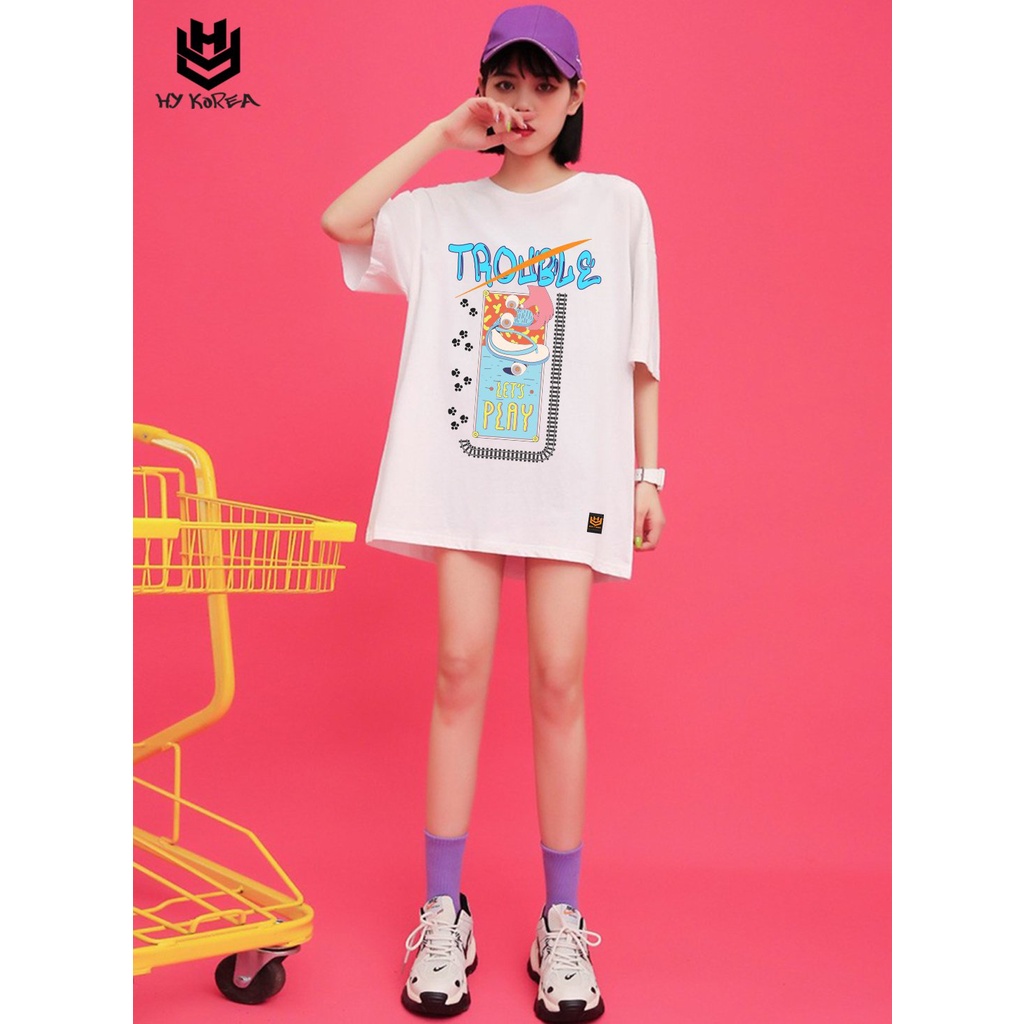 Áo thun tay lỡ nam nữ form rộng in hình Dấu chân Trouble 771 HY KOREA