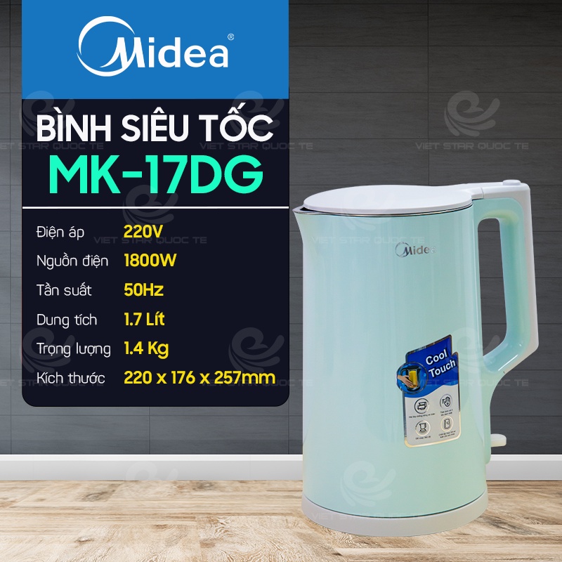 Bình đun siêu tốc, đế xoay 360, 2 lớp cách nhiệt, tự động tắt khi không có nước, bảo hành 12 tháng, MK-17DG