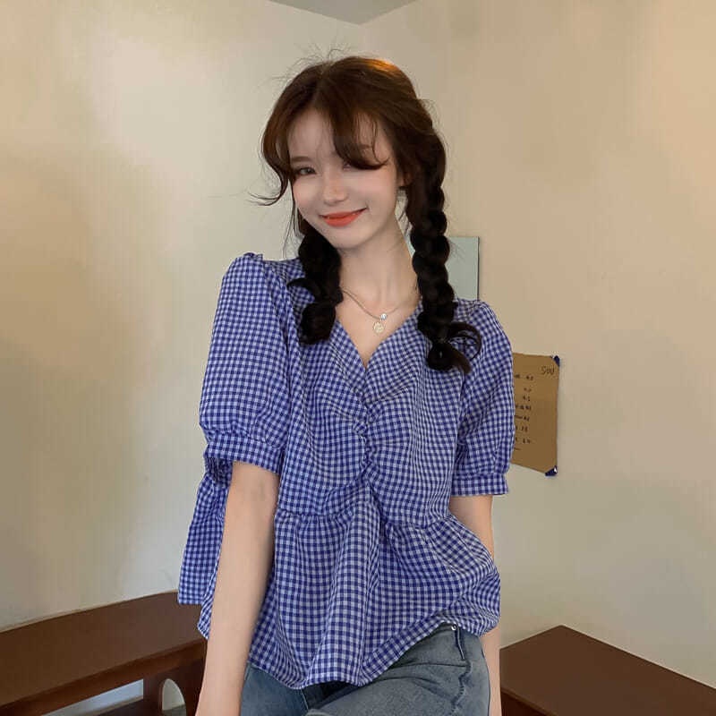 Áo sơ mi tay ngắn phồng cổ chữ V dáng rộng họa tiết sọc caro thời trang mùa hè mới dành cho nữ 2021
