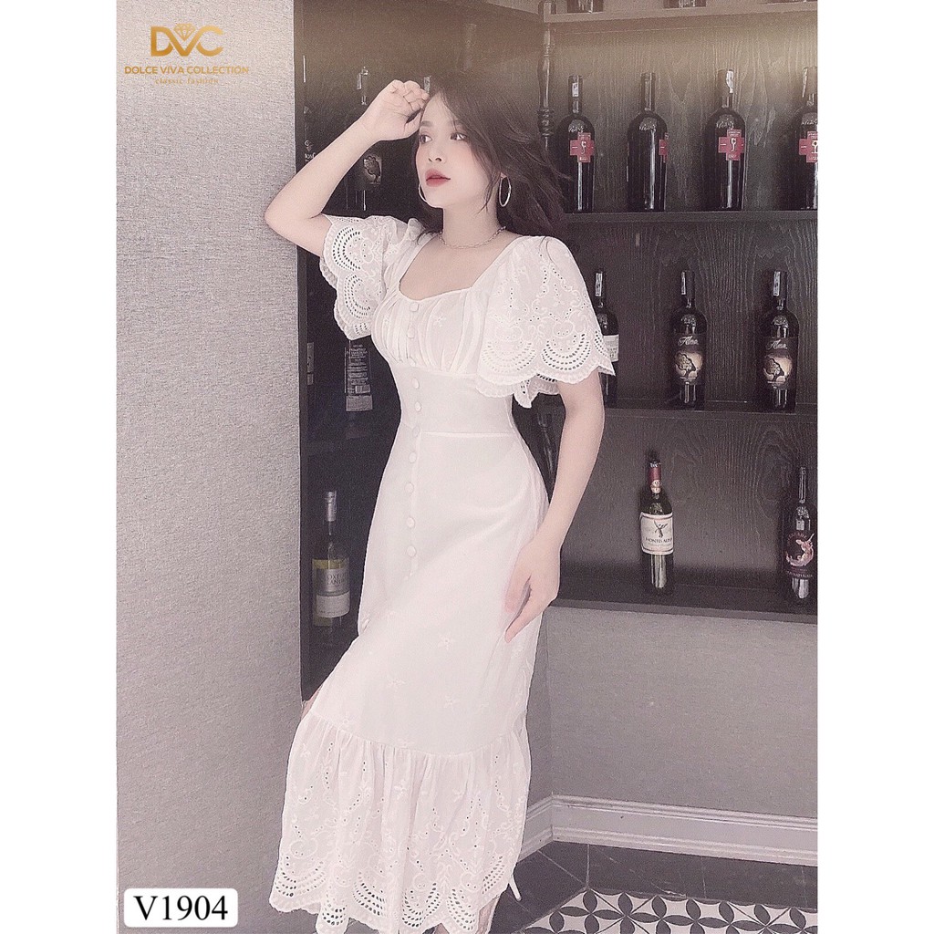 Váy xẻ trắng thiết kế V1904 - ĐẸP SHOP DVC ( Ảnh mẫu và ảnh trải sàn do shop tự chụp )