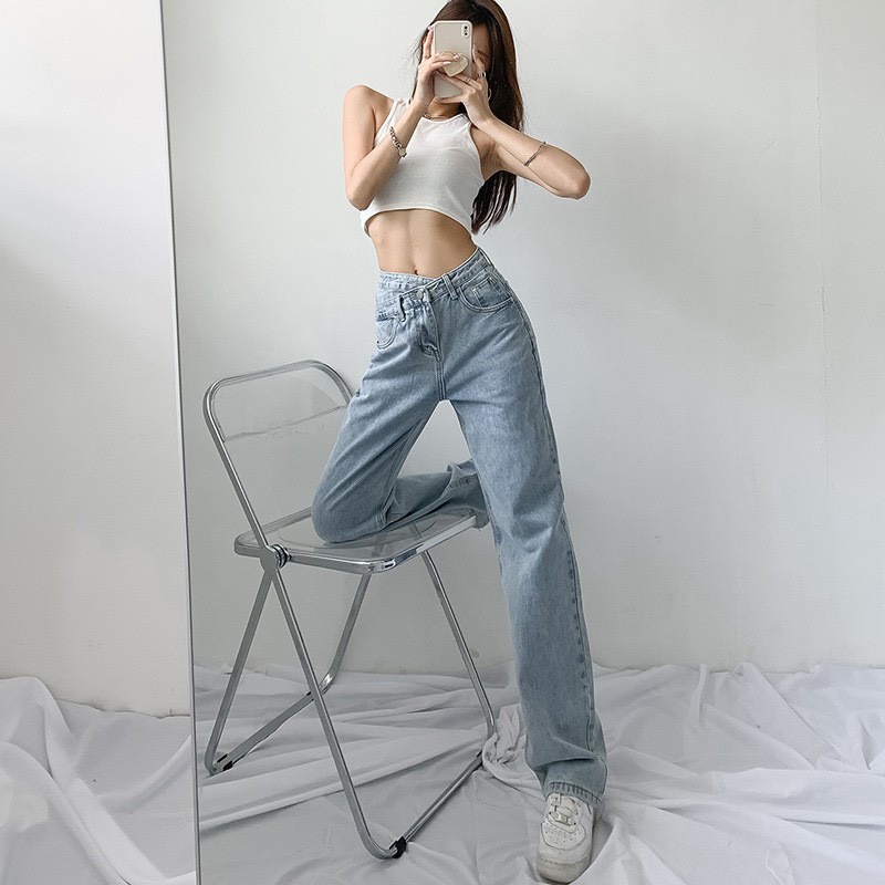 Quần Jeans Ống Rộng Ulzzang Lưng Cao Gài Eo 2 Màu Đen - Xanh QD023