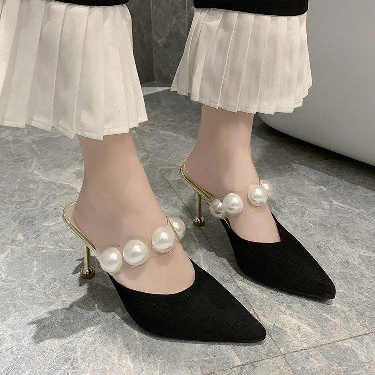 Giày cao gót mũi nhọn đính ngọc trai giả thời trang cho nữ cao 8cm