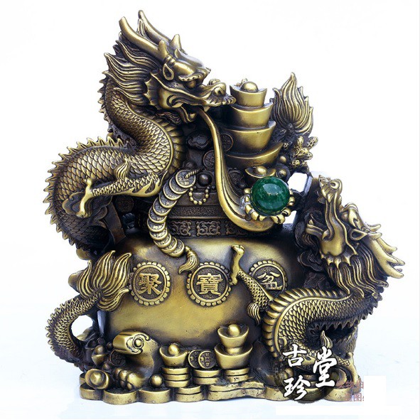 cặp rồng phong thủy tiền vàng phun ngọc bằng đồng thau nguyên chất kích thước 31x28x14cm năng 5kg