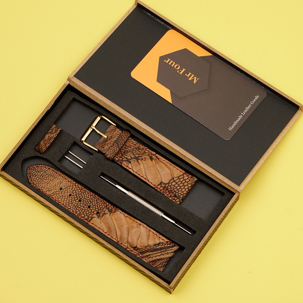 Dây Đồng Hồ Da Đà Điểu Wash Màu Nâu Đỏ  MrFour + Bộ Khóa  + Dụng cụ Tháo Lắp | Watch Band - Watch Strap - Leather Watch