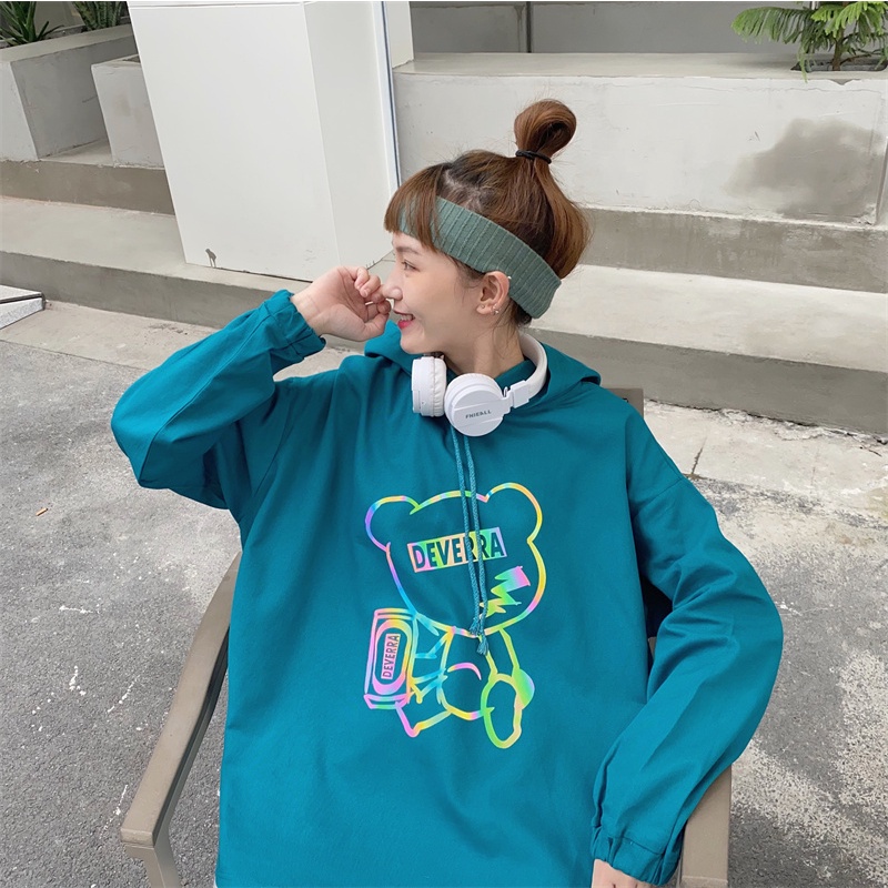 【ZHELIHANGFEI】Áo Hoodie Dài Tay Dáng Rộng In Hình Gấu Đáng Yêu