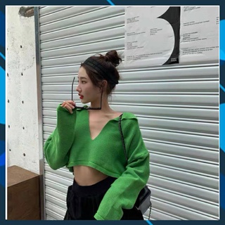 Áo croptop len tay dài form rộng cổ V ulzzang kiểu Hàn Quốc