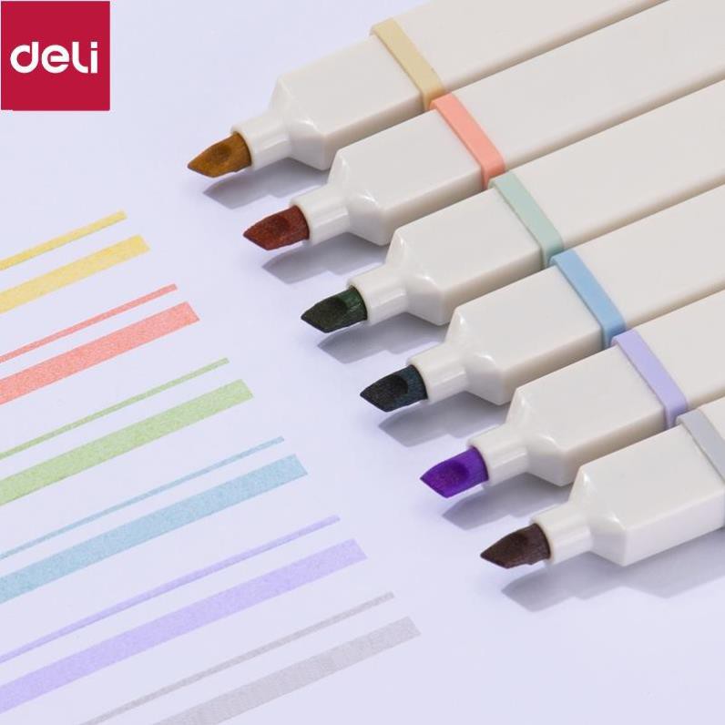 Bút highlight kèm sticker Deli - nhấn dòng macaron dạ quang - hộp 6 chiếc - S742 [Deli]