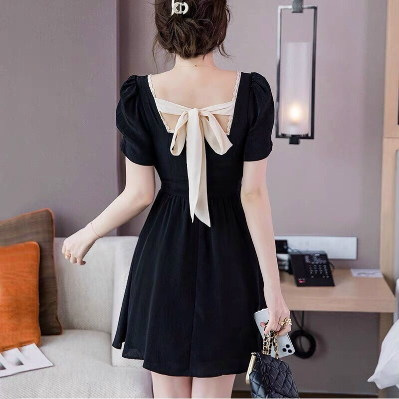 Đầm babydoll cổ vuông, váy nữ hở lưng siêu xinh phối ren thích hợp đi tiệc đi chơi