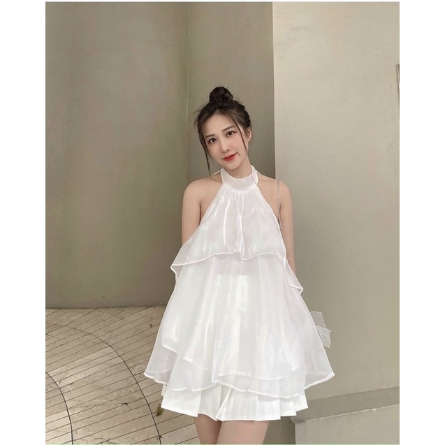 SET ÁO TRẮNG TẦNG CỔ YẾM + CHÂN VÁY XẾP LY KÈM CT