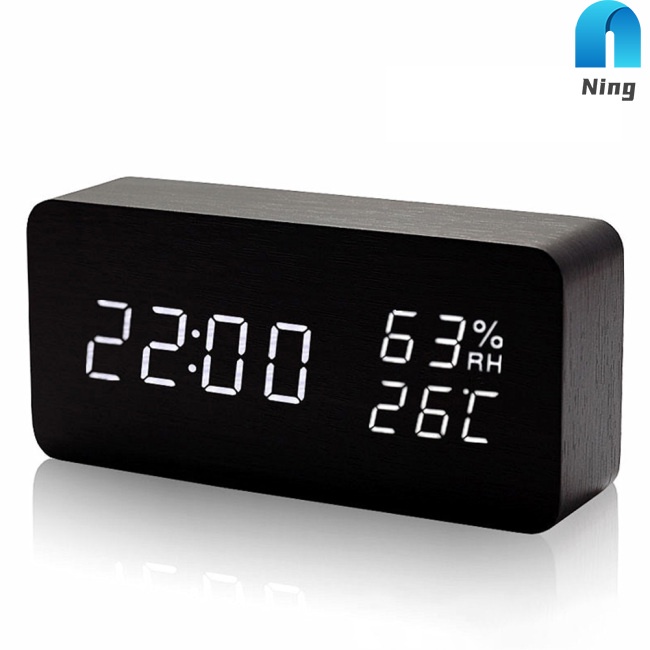 Đồng Hồ Báo Thức Điện Tử Mini Bằng Gỗ Tích Hợp Đèn Led Và Nhiệt Kế Tiện Dụng