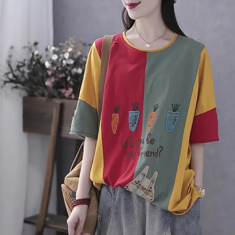 Áo Thun Cotton Nguyên Chất Dáng Rộng Tay Ngắn Cổ Tròn In Họa Tiết Màu Sắc Thời Trang Mùa Hè Phong Cách Hàn Quốc Cho Nữ C8581
