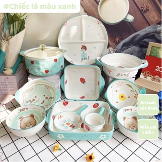 Bộ Bát Đĩa Chén Dĩa Sứ Xanh Mint Set Bát Ăn Cơm Tô Đĩa Sứ Decor Bàn Ăn