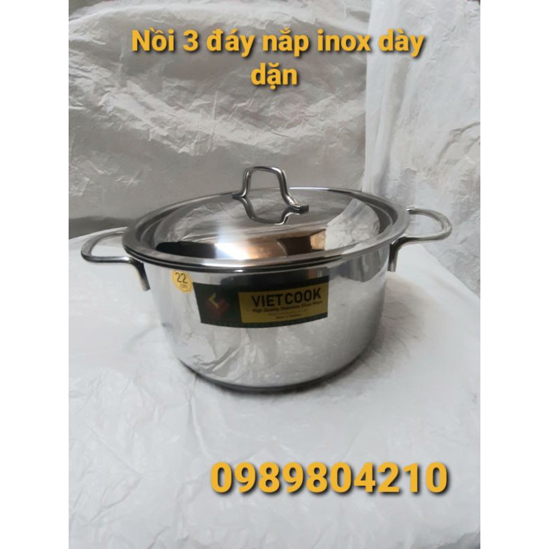 Nồi inox đun bếp từ size 22,nồi 1 đáy 3 đáy nắp kính nắp inox,Nồi inox bếp từ size 22 Vietcook.CAM KẾT CHÍNH HÃNG