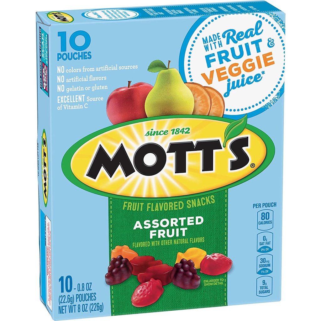 Kẹo Dẻo Làm Từ Nước Ép Trái Cây Mott's Fruit Flavored Snacks, Assorted Fruit, Hộp 10 Gói x Gói 22.6g (8 Oz.)