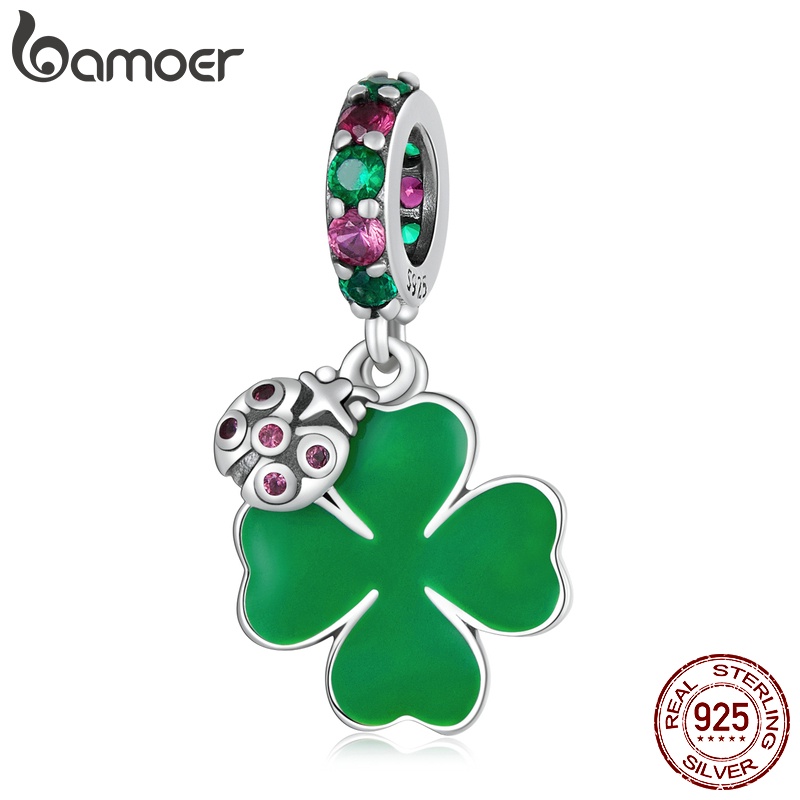 Hạt xỏ lỗ BAMOER SCC2187 bạc 925 hình cỏ bốn lá và bọ cánh cứng làm vòng tay DIY